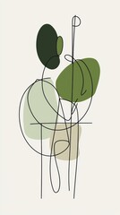 Continuous line drawing depicting a musician passionately playing the cello, harmoniously blending with abstract green and beige shapes, creating modern and minimalist artwork
