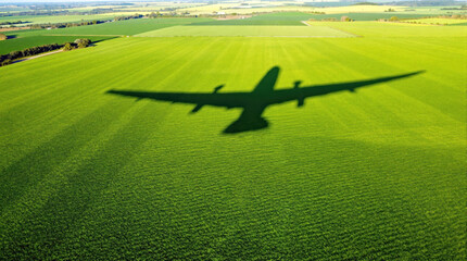 Drone-Captured Farmland with Dramatic Airplane Shadow and High-Contrast Sunlit Geometry