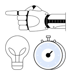 Robotic hand extends index finger, paired with a glowing light bulb and stopwatch. Ideal for technology, innovation, productivity, time management, automation, creativity, abstract line flat metaphor