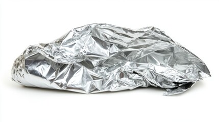A crumpled piece of aluminum foil lies on a white background creating an interesting texture. This image can symbolize recycling and environmental themes. Generative AI