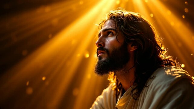 A cinematic video of Jesus Christ praying