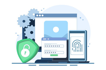 Flat general data security concept, personal information protection, database access control, cyber privacy, synchronized gadgets, cross-platform device regulation. Flat vector illustration.