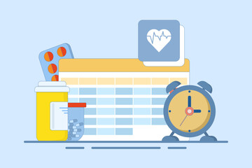 Medication calendar concept with daily pill reminder, organized healthcare routine, medical schedule planning, health tracking, prescription management, and medication-based alerts. Flat illustration.