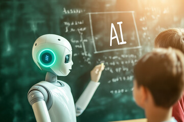 robot teaching children about AI in classroom setting, engaging and interactive learning experience