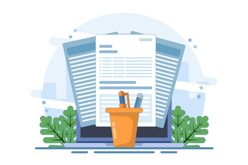 Concept Review of educational textbooks on creative writing and storytelling. Concept of storytelling, creative writing, pencil and paper, copywriting, flat vector illustration on background.