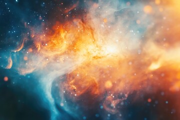 Naklejka premium A mesmerizing cosmic nebula, swirling with vibrant orange and teal hues, interspersed with glittering stars.