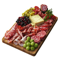 A wooden board displays an appetizing arrangement of salami, cheese, grapes, and berries, perfect for a party.