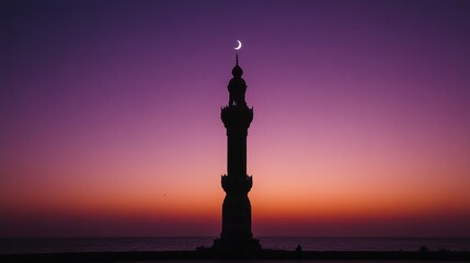 Majestic Minaret Silhouette Against Twilight Sky with Crescent Moon and Ocean Horizon in Beautiful Shades of Purple and Orange at Dusk