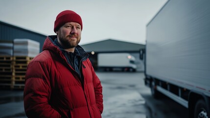 Obraz premium Confident truck driver wearing red winter jacket and beanie standing near his truck in warehouse area, looking away with stacks of goods and warehouse in background