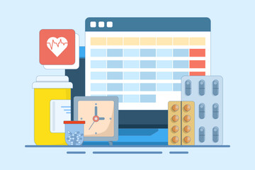Medication calendar concept with daily pill reminder, organized healthcare routine, medical schedule planning, health tracking, prescription management, and medication-based alerts. Flat illustration.