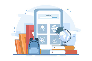 Online education concept, Laptop with world map, graduation cap and books, Internet education, online training and courses. Computer presentation, university. Distance education e-learning university.