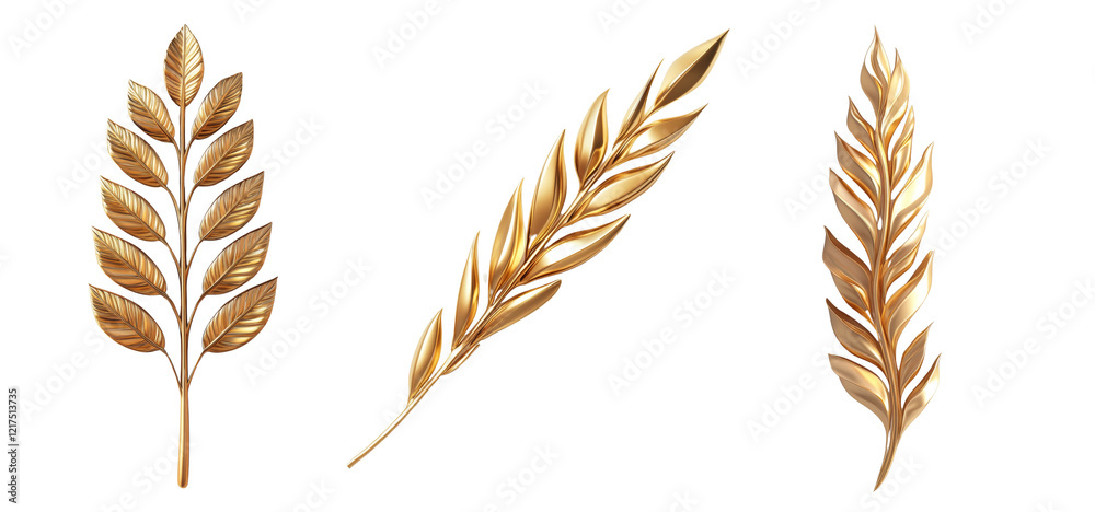 Poster an image showcasing three variations of stylized golden leaf branches against a black background, id