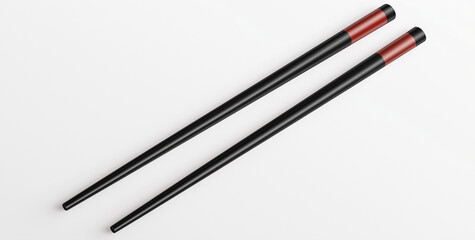 Black chopsticks with red band, isolated on white background, perfect for Asian cuisine. Ideal for dining and culinary presentations