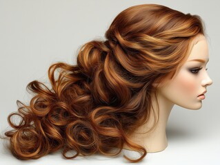 Fototapeta premium A mannequin head showcasing elegant, voluminous, curly hair styling.