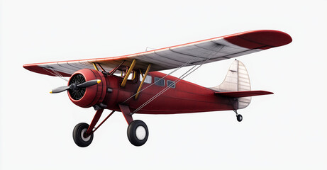 Vintage red airplane with black wheels and white background, showcasing its classic design and nostalgic charm. Perfect for aviation enthusiasts and collectors