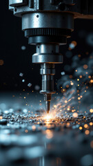 Precision manufacturing process, likely CNC milling or drilling of metal parts with sparks flying.
