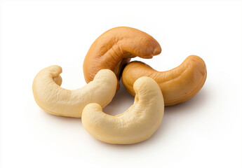 Fototapeta premium Cashew nuts isolated on white background, showcasing their unique shapes and colors. These nutritious nuts are perfect for snacking or adding to various dishes
