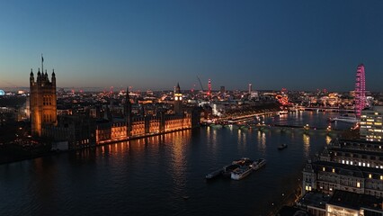 London UK Houses of parliament at dusk drone,aerial .