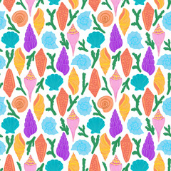 Seamless seashell pattern.Vibrant ocean shells in bright colors. Underwater themed background. Perfect for textiles, wallpapers, wrapping, packaging, stationary, decorations, crafts, fabrics.