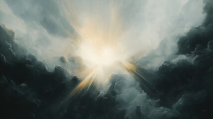 Ethereal light beams breaking through dramatic dark storm clouds