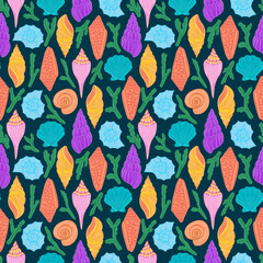Seamless seashell pattern.Vibrant ocean shells in bright colors. Underwater themed background. Perfect for textiles, wallpapers, wrapping, packaging, stationary, decorations, crafts, fabrics.