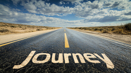 Journey text on empty road under dramatic sky. Represents therapeutic journey and psychological transformation process.