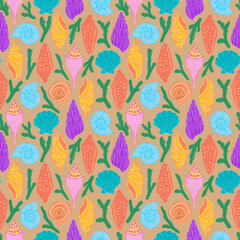 Seamless seashell pattern.Vibrant ocean shells in bright colors. Underwater themed background. Perfect for textiles, wallpapers, wrapping, packaging, stationary, decorations, crafts, fabrics.
