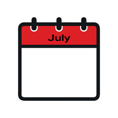Calendar icon, july, red and black design, minimalist, flat illustration, graphic design, simple shapes, clean lines, digital art, vector style, white background