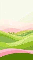 Obraz premium Rolling green hills dotted with trees stretch into the distance, meeting pink-hued mountains under a pale sky, creating a serene and minimalist landscape