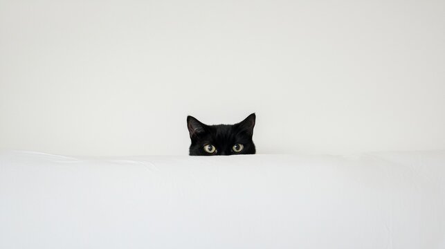Black cat peeking over a white background, observing the surrounding environment with curiosity and focus, creating a minimalist and intriguing composition
