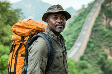 Fototapeta premium Outdoor Adventure Hiker with Backpack on Mountain Trail