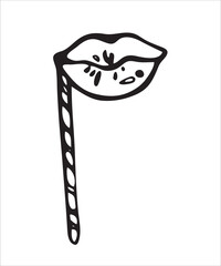 Party event staff doodle artistic, festive elements, cute objects, birthday decorations, simple doodles, lips on a stick, black and white