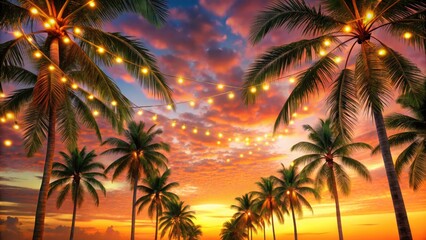 3D rendered Christmas scene: Palm trees silhouetted against a fiery sunset, creating a unique tropical holiday vibe.