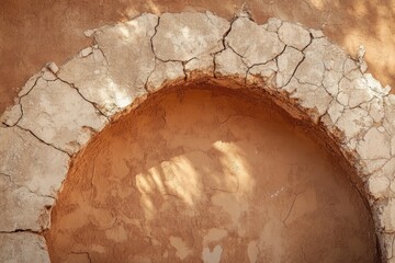 A sun-drenched, cracked, earthen archway in an ancient wall, showcasing the texture and age of the structure.