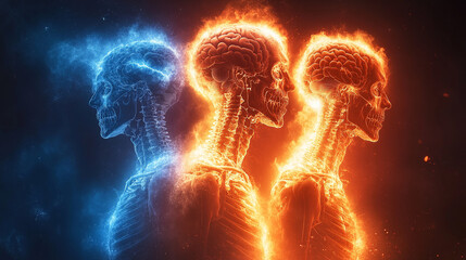 An artistic depiction of a skull with hot and cold elements