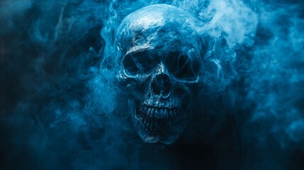 A visual art of a scary skull with blue smoke on dark background. Scary skull in blue smoke with copy space.