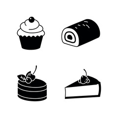 delicious cup chocolate cheese birthday cream cake hot dog  pudding and bakery baked food item silhouette icon collection set vector art flat design illustrations