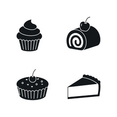 delicious cup chocolate cheese birthday cream cake hot dog  pudding and bakery baked food item silhouette icon collection set vector art flat design illustrations