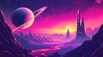 Fototapeta premium Vibrant Neon Space Station in Distant Orbiting Planet