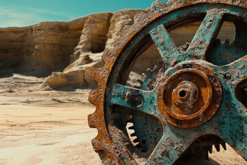 Rusty gears, remnants of a forgotten machine, lie half-buried in the desert sand under a clear sky.