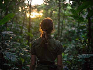 Fototapeta premium Woman in Green Outfit Walking Through Lush Forest
