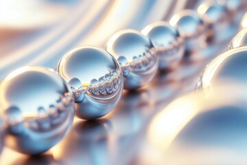 A line of reflective silver spheres on a soft, light background, creating an abstract and elegant visual.