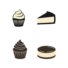 delicious cup chocolate cheese birthday cream cake  pudding and bakery baked food item silhouette icon collection set vector art flat design illustrations