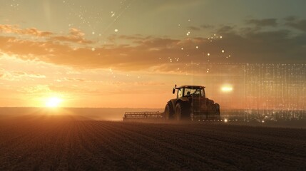 Fototapeta premium Sunset Agriculture: Smart Farming Technology
