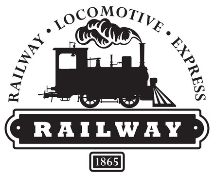 vector retro logo or emblem with a drawing of an old vintage railway steam locomotive in cartoon style with the inscription railway