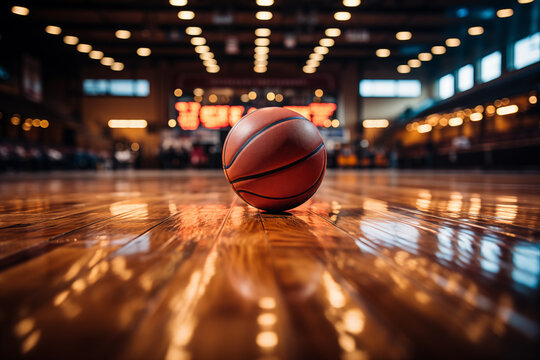 A realistic close-up of a basketball with textured dimples, sitting on a wooden court floor under dramatic stadium lighting