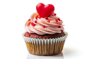 A delightful cupcake topped with pink frosting, sprinkles, and a charming red heart, perfect for celebrations and romantic occasions.