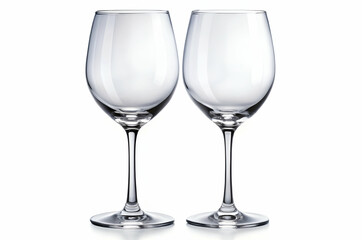 Two elegant, clear wine glasses with long stems, positioned side by side against a neutral background.