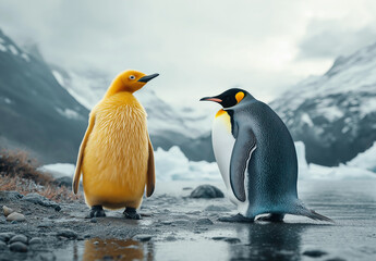 Fototapeta premium A yellow penguin walks next to an emperor penguin on the beach of the South Shetland Islands,