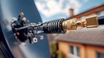 Close-up shot of a satellite dish cable connection with blurred building in the background